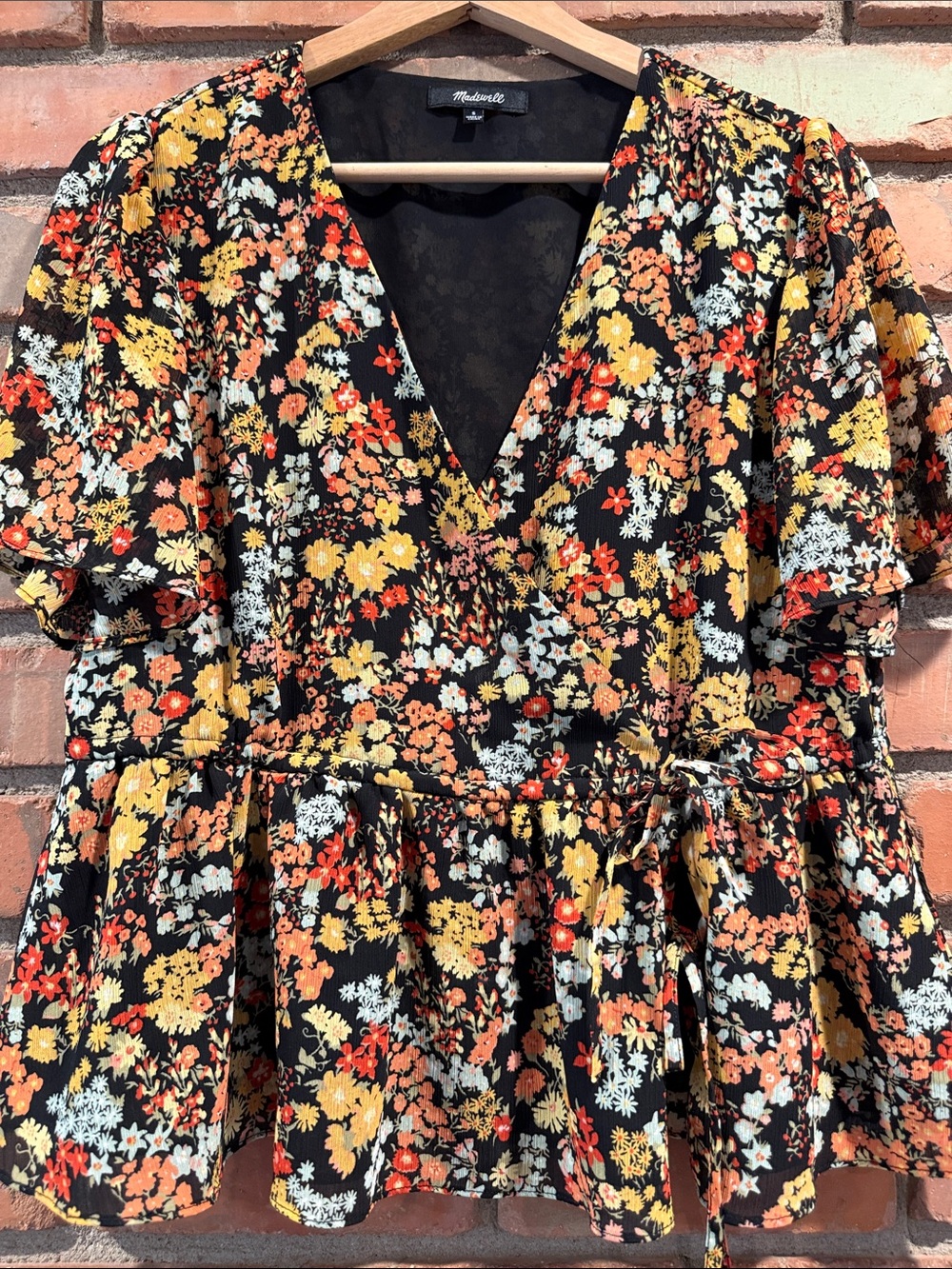 Madewell Black Floral V-Neck Ruffle Peplum Dress with Yellow & Orange Accents